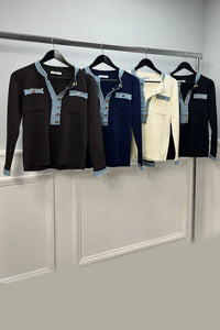 Golden Button & Denim Trim Detailed, Cotton Knitted Ribbed Jumper