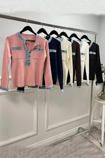Golden Button & Denim Trim Detailed, Cotton Knitted Ribbed Jumper
