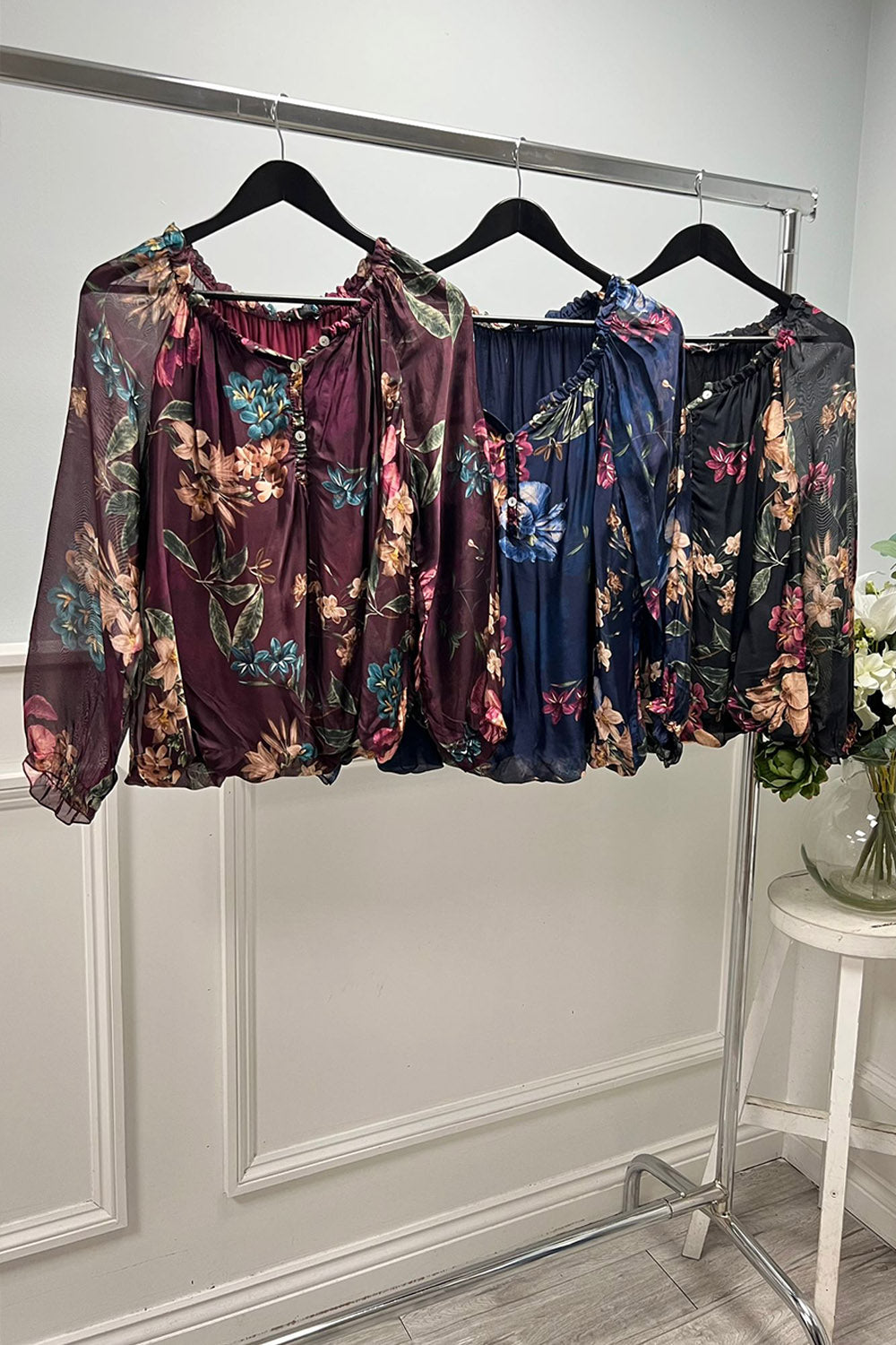 Elasticated V-Neck, Cuff & Hem, Floral Print Silk Top