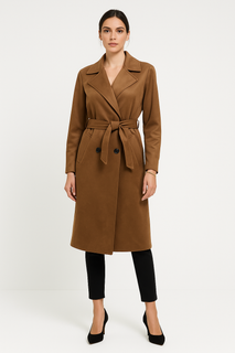 Classic longline trench coat with notched lapel collar, double-breasted front