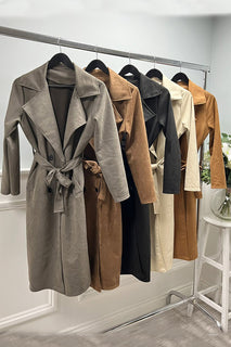 Classic longline trench coat with notched lapel collar, double-breasted front