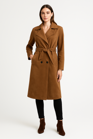 Camel Coat – Belted Trench with Lapel Collar