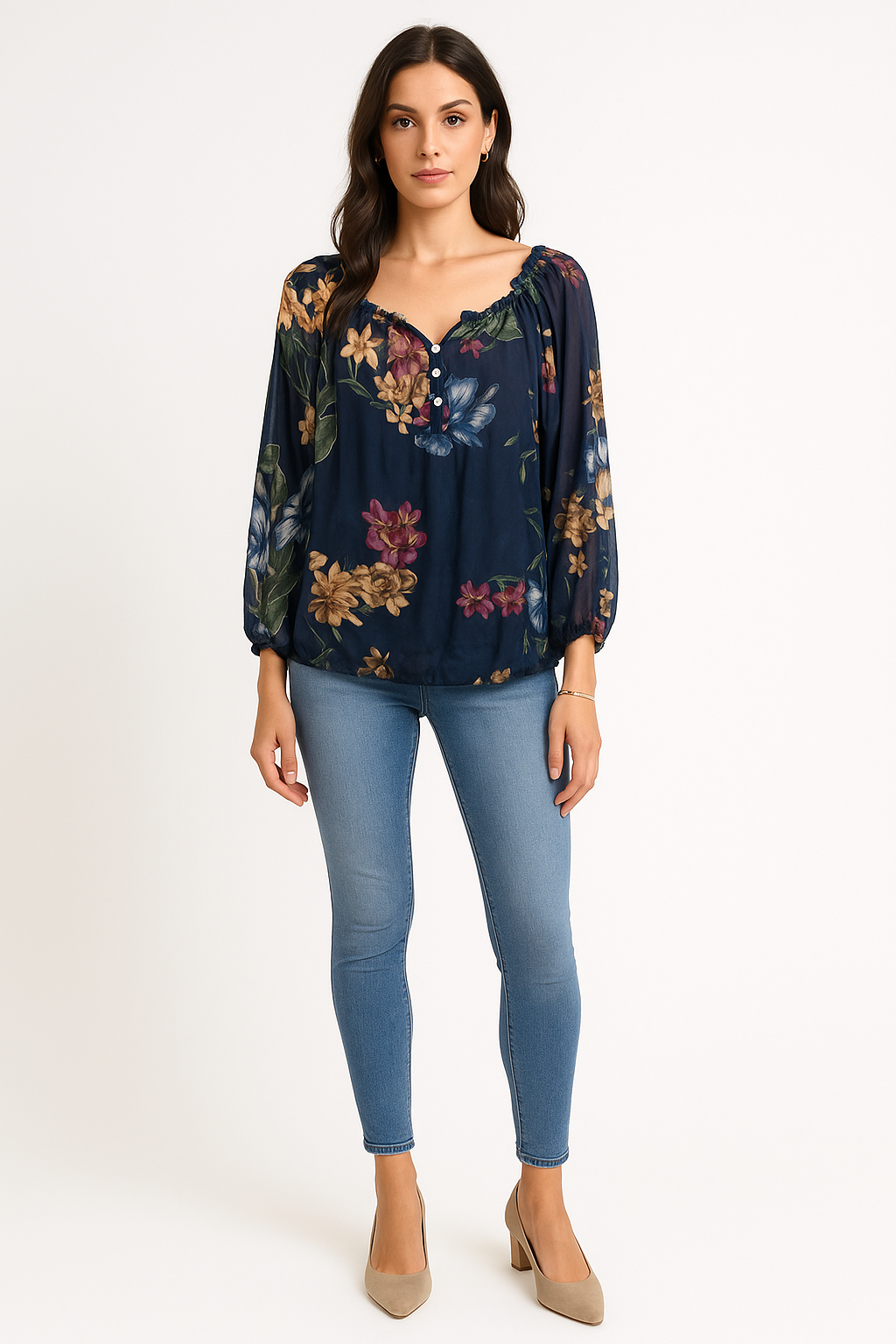 Elasticated V-Neck, Cuff & Hem, Floral Print Silk Top