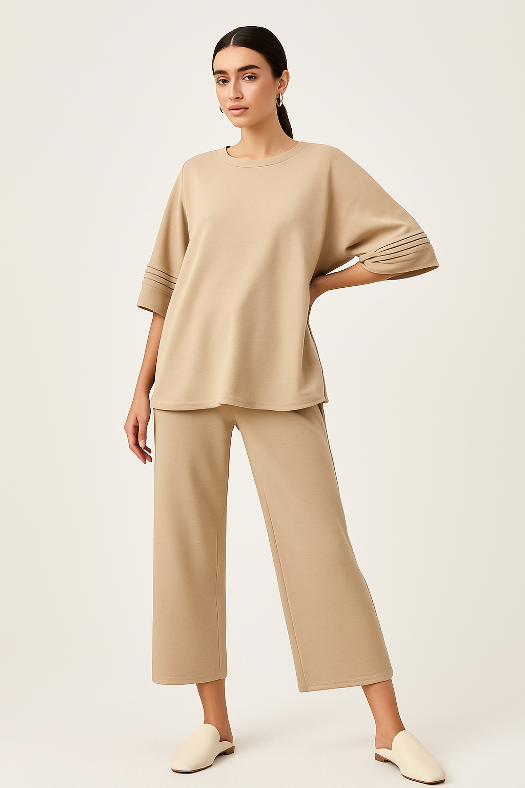 Round Neck, Lurex Stripe Detailed, Elasticated Waist, Drawstring Detailed, Wide Leg Two Piece Set