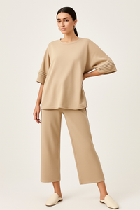 Round Neck, Lurex Stripe Detailed, Elasticated Waist, Drawstring Detailed, Wide Leg Two Piece Set