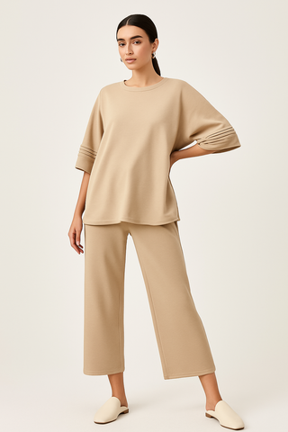 Round Neck, Lurex Stripe Detailed, Elasticated Waist, Drawstring Detailed, Wide Leg Two Piece Set