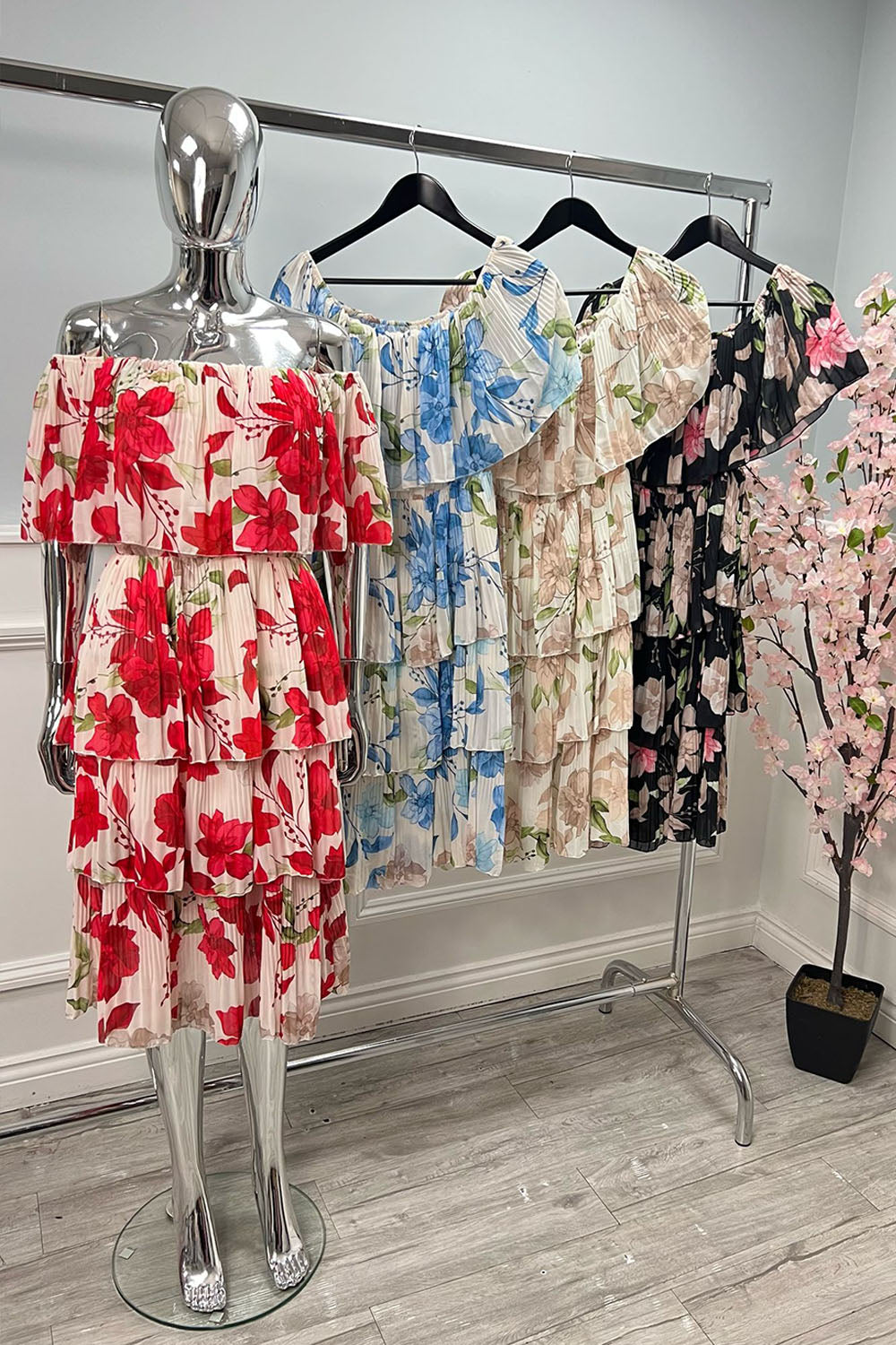 Off The Shoulder, Frill Detailed, Floral Print Pleated Dress