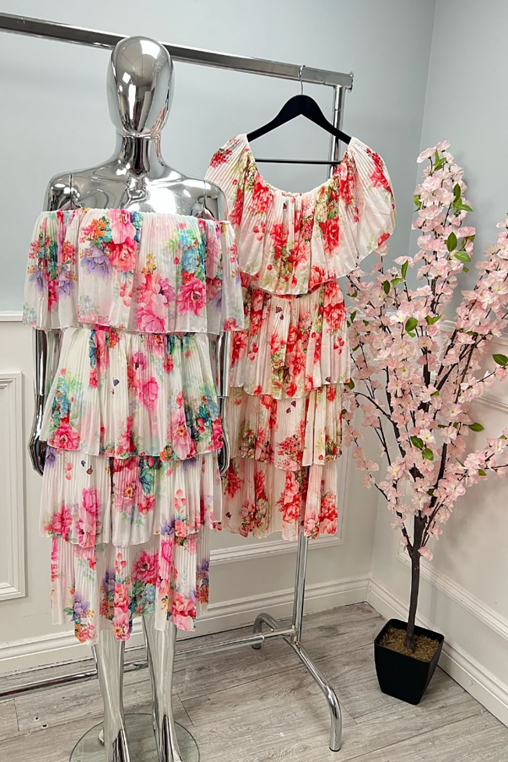 Off The Shoulder, Frill Detailed, Floral Print Pleated Dress