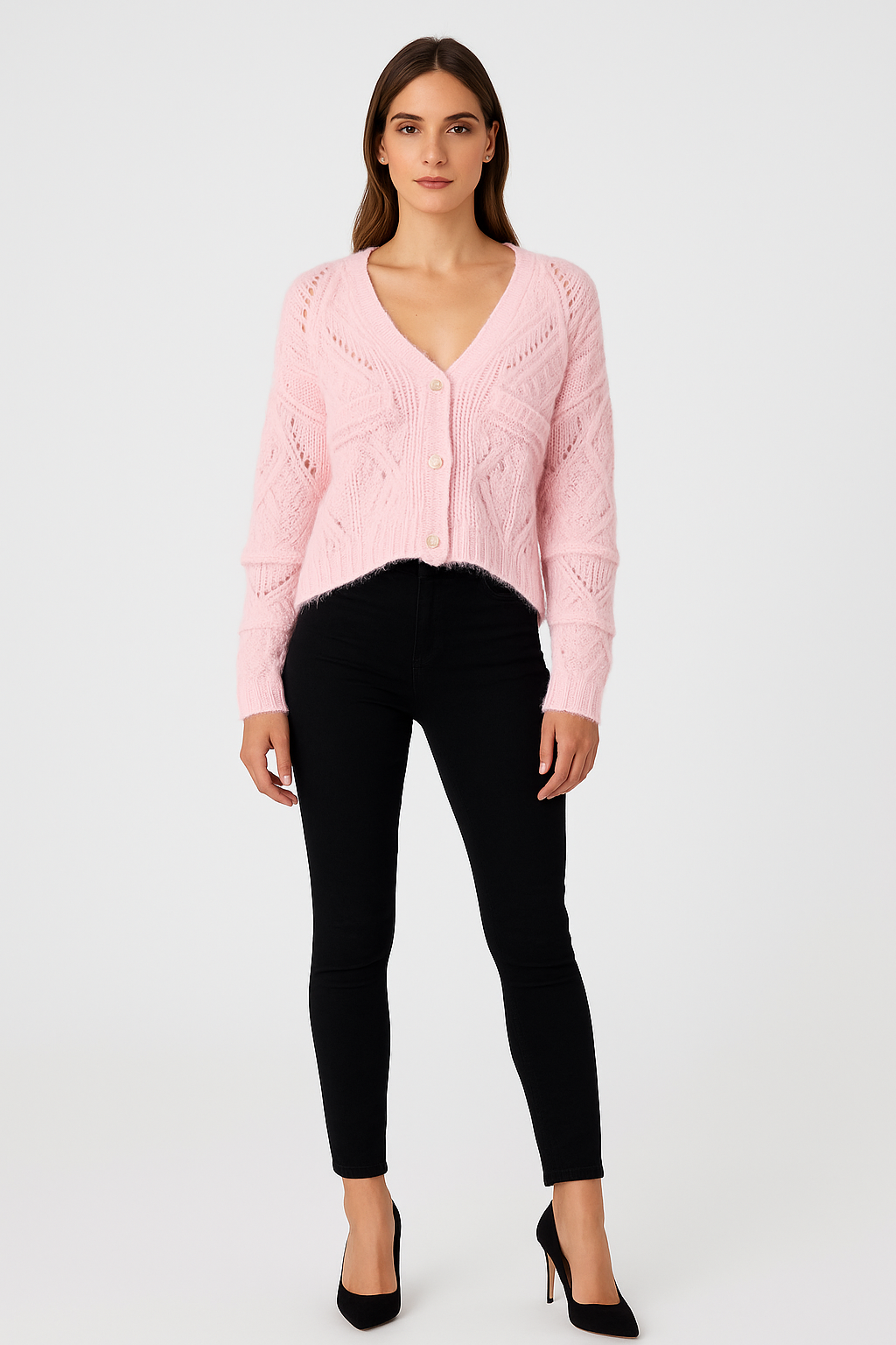 Diamanté Button Through, Lana Wool, Viscose & Polymide knitted Cardigan