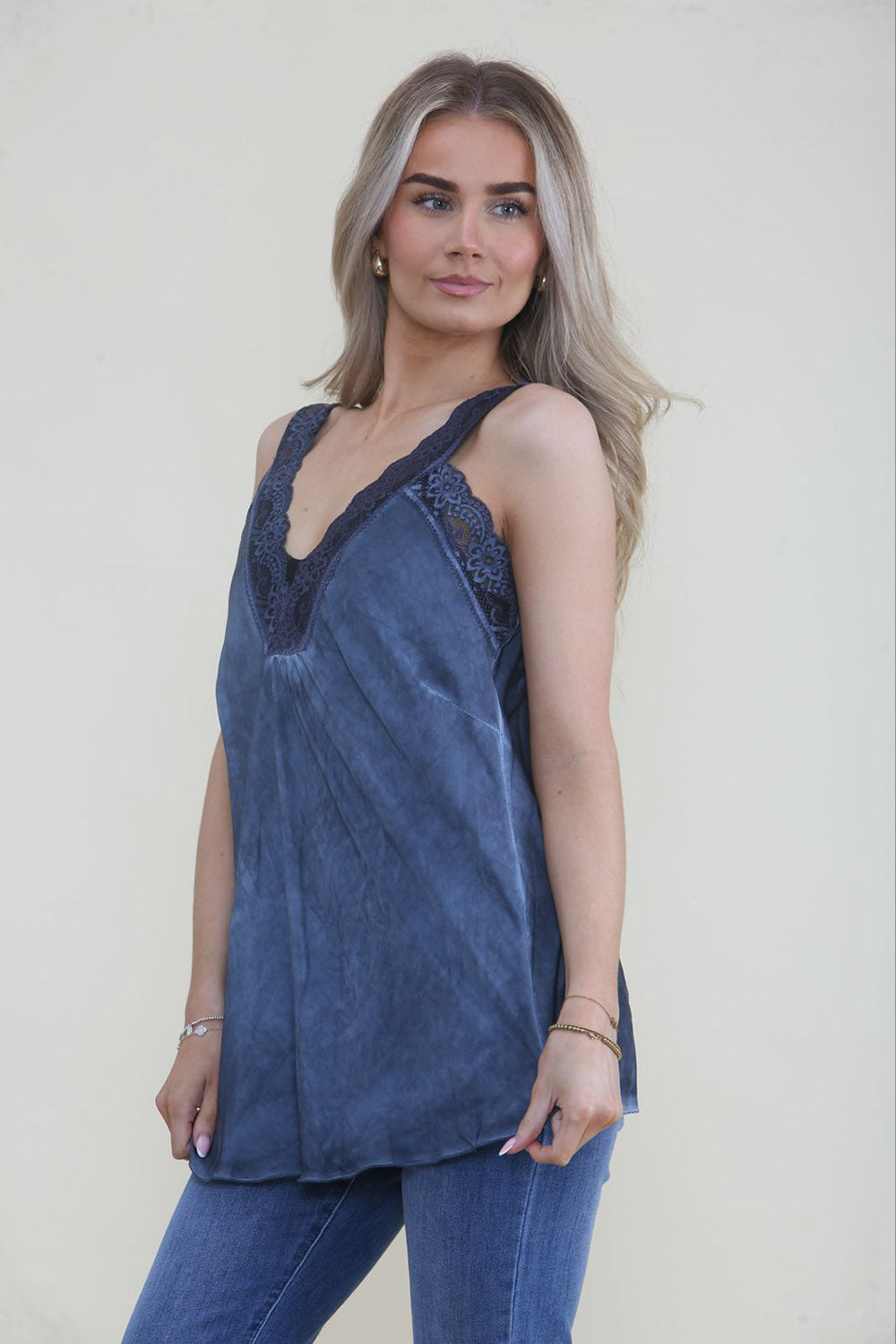 V Front & Back, Lace Trim Detailed, Satin Vest