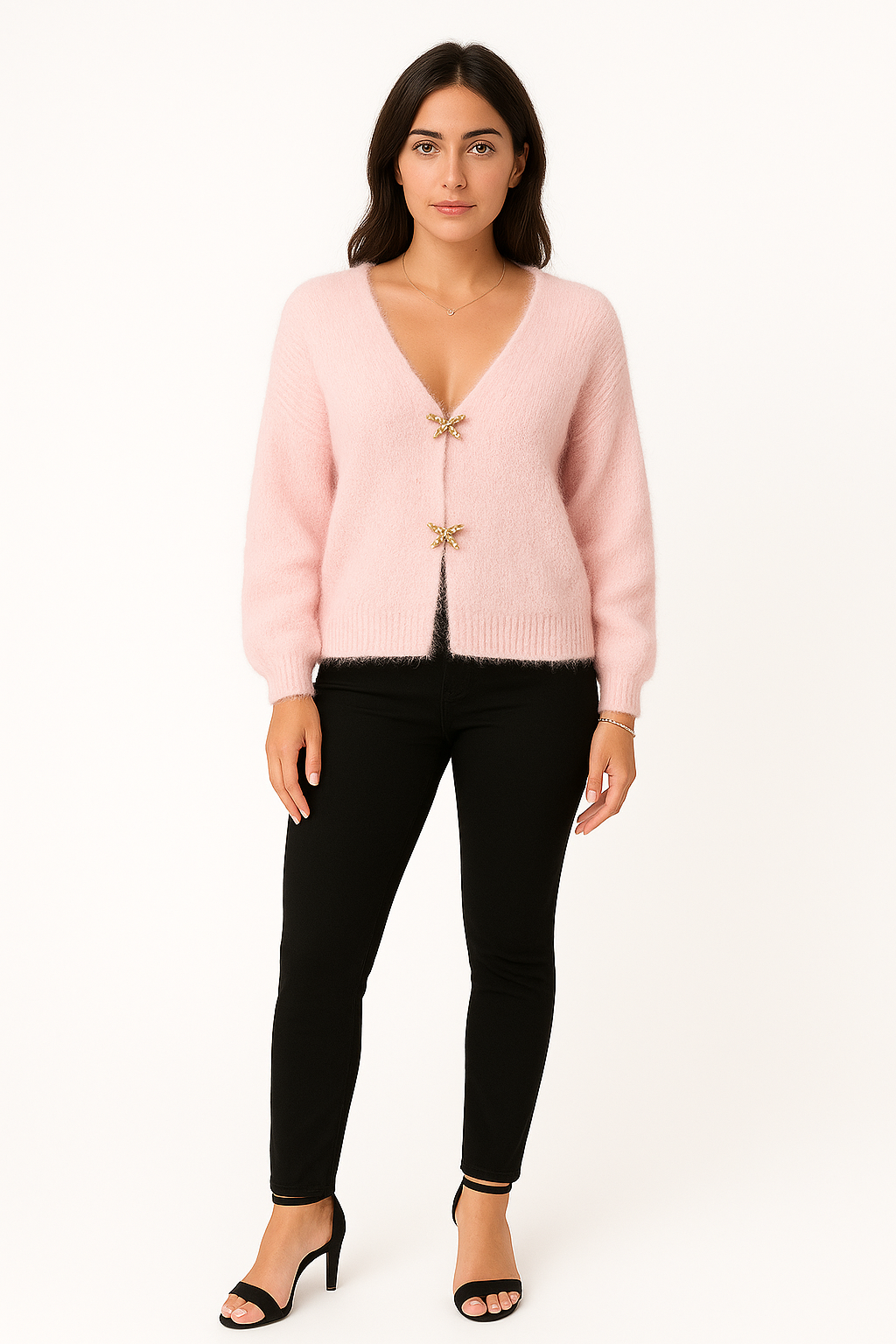 V Neck, Two Pocket, Elasticated Cuff, Gold Button Knitted Cardigan