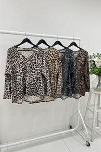 V-Neck Leopard Print Long Sleeve Top