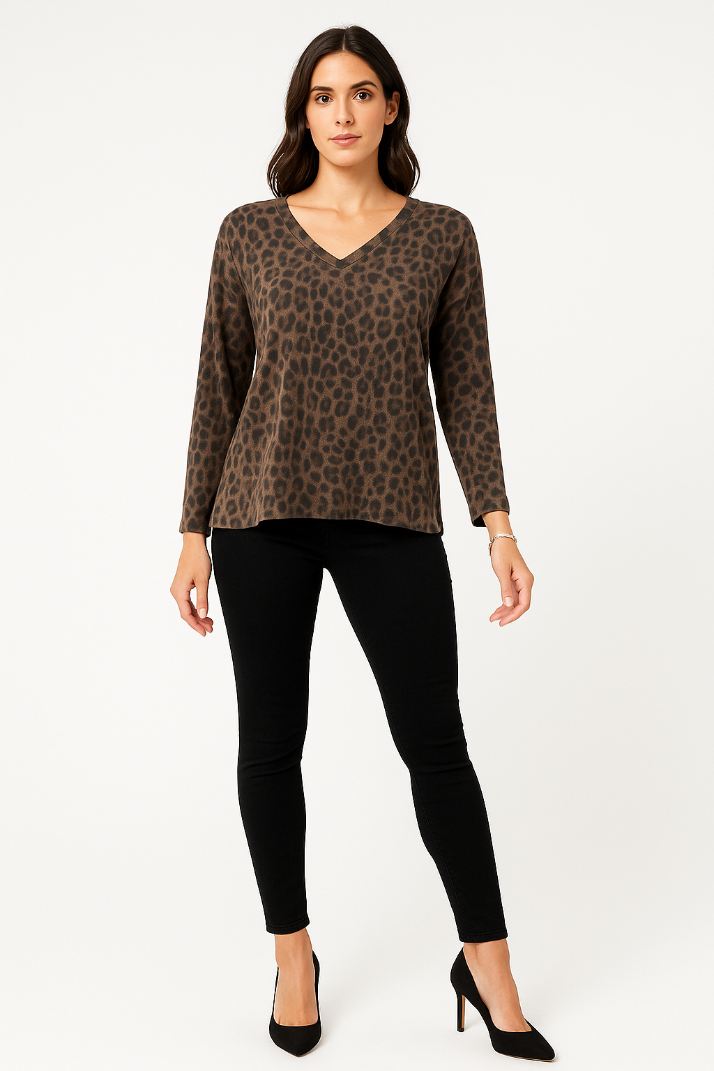 V-Neck Leopard Print Long Sleeve Top