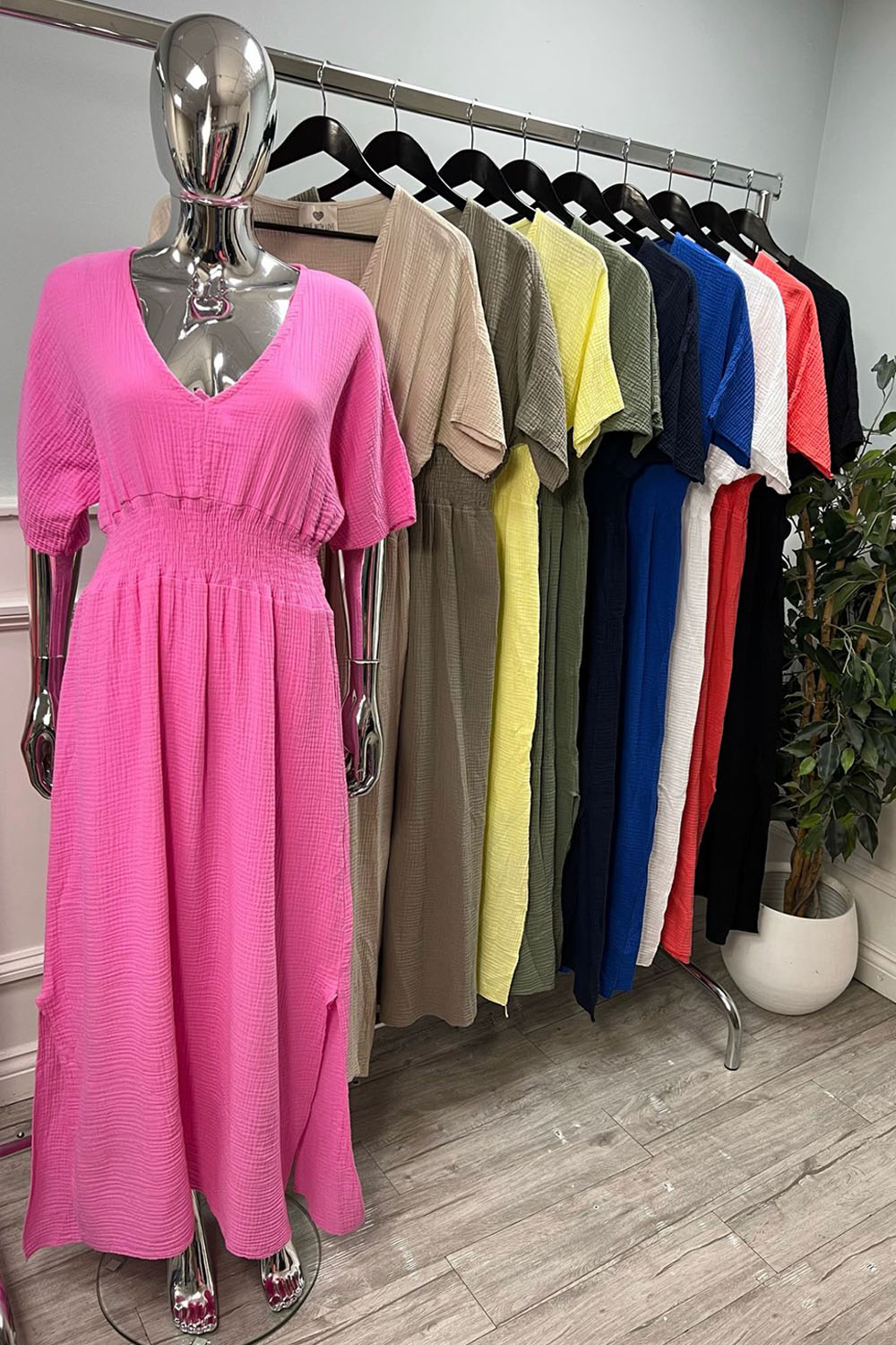 V-Neck, Elasticated Waist, Split Hem, Cheesecloth Dress