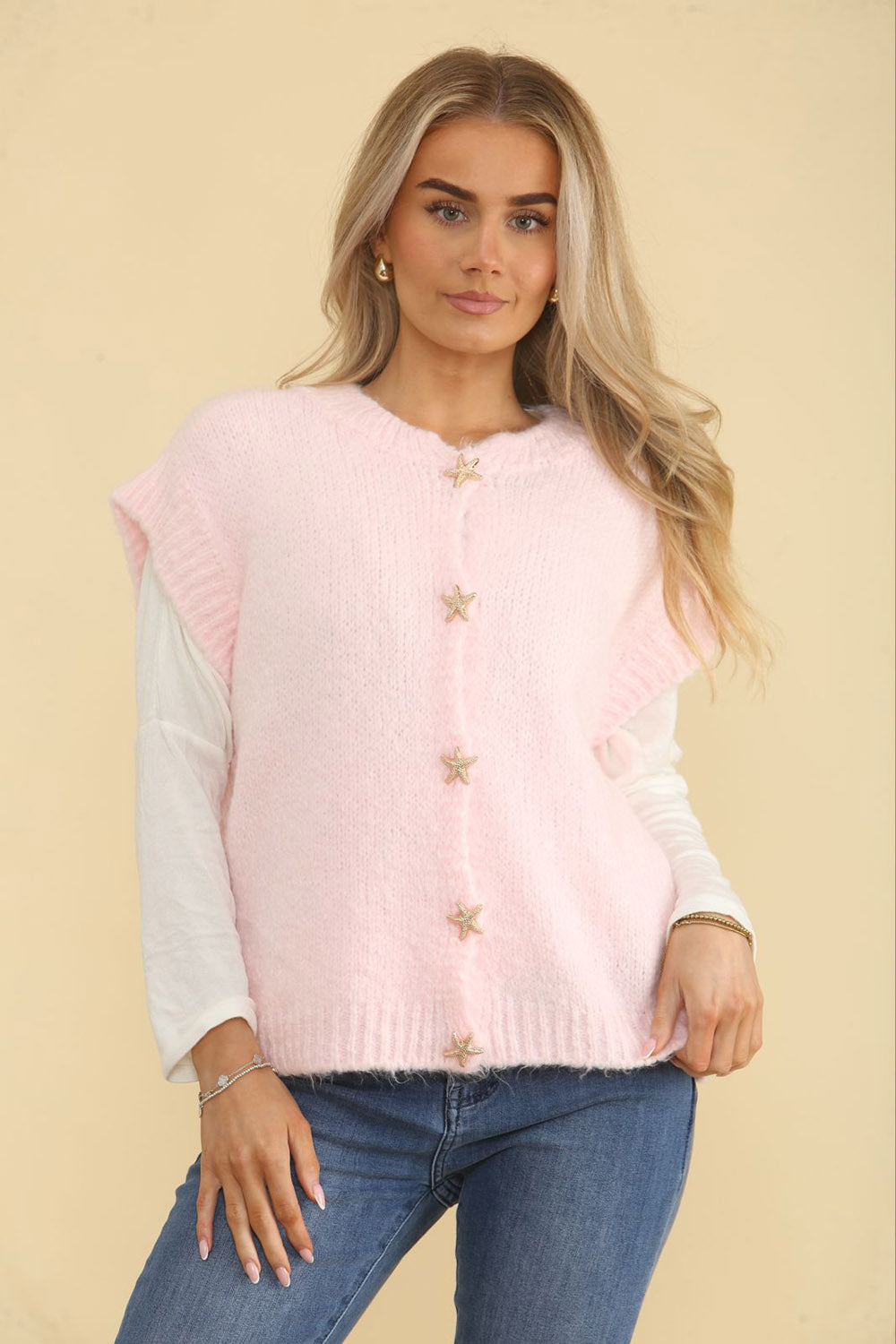 Golden Star ⭐ Button Through, Lana Wool & Viscose Knitted Waistcoat