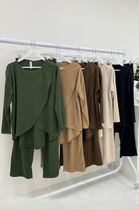 Round Neck, Wrap Over, Elasticated Waist, Two Pocket Wide Leg Two Piece Set