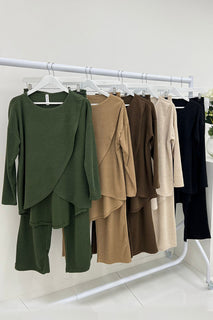 Round Neck, Wrap Over, Elasticated Waist, Two Pocket Wide Leg Two Piece Set