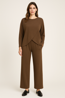 Round Neck, Wrap Over, Elasticated Waist, Two Pocket Wide Leg Two Piece Set