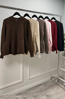 Round Neck, Button Back Detailed, Lana Wool, 20% Alpaca, Acrylic & Nylon Knitted, Frill Hem Jumper.