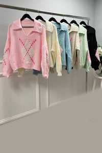 Collared, V-Neck, Lana Wool, Viscose &amp; Polymide Knitted, Balloon Sleeve Jumper