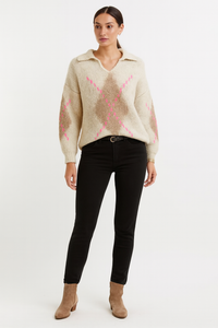 Collared, V-Neck, Lana Wool, Viscose &amp; Polymide Knitted, Balloon Sleeve Jumper