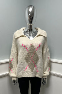 Collared, V-Neck, Lana Wool, Viscose &amp; Polymide Knitted, Balloon Sleeve Jumper