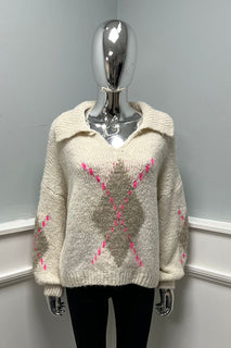 Collared, V-Neck, Lana Wool, Viscose & Polymide Knitted, Balloon Sleeve Jumper