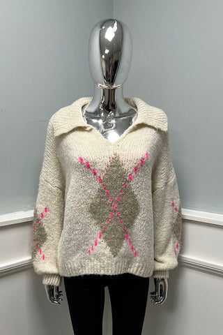 Collared, V-Neck, Lana Wool, Viscose & Polymide Knitted, Balloon Sleeve Jumper