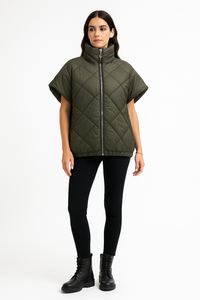 Olive Green Puffer Vest – Quilted Zip-Up with High Collar