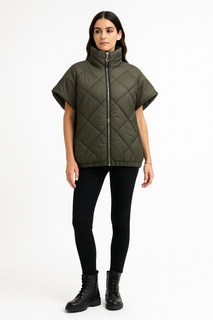 Olive Green Puffer Vest – Quilted Zip-Up with High Collar