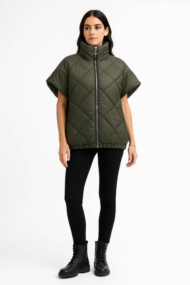 Olive Green Puffer Vest – Quilted Zip-Up with High Collar
