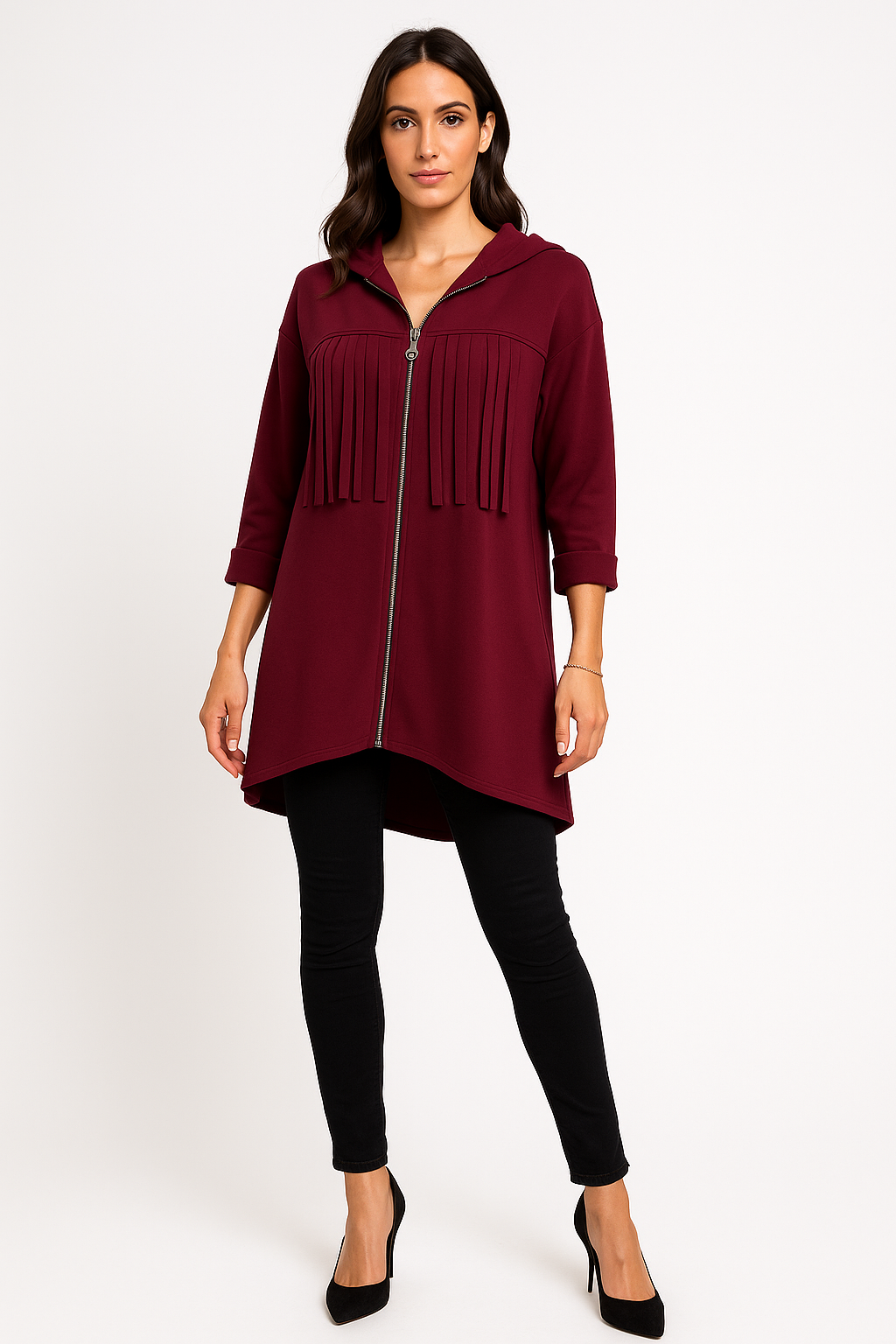 Zip-Up Hooded Jacket with Front Pleated Fringe Detail