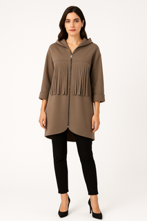 Zip-Up Hooded Jacket with Front Pleated Fringe Detail