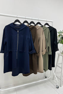 Zip-Up Hooded Jacket with Front Pleated Fringe Detail