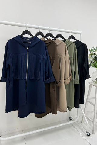 Zip-Up Hooded Jacket with Front Pleated Fringe Detail
