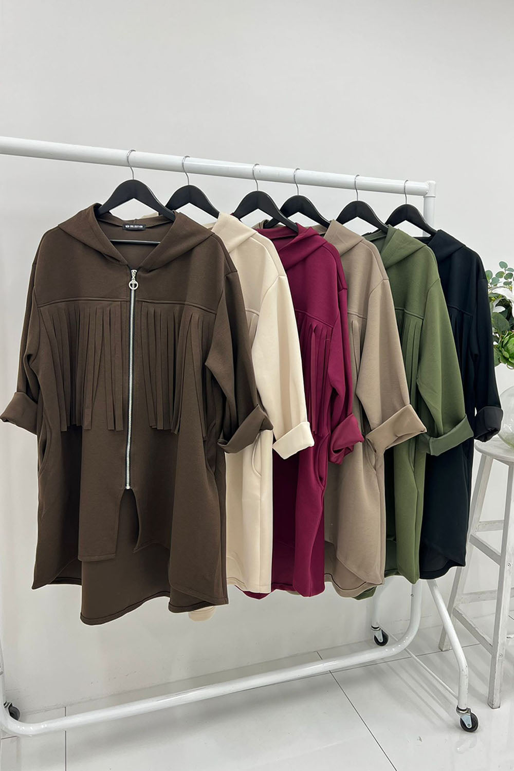 Zip-Up Hooded Jacket with Front Pleated Fringe Detail