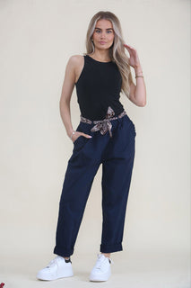Elasticated Waist, Tie Front Detailed, Two Pocket Stretchy Trouser