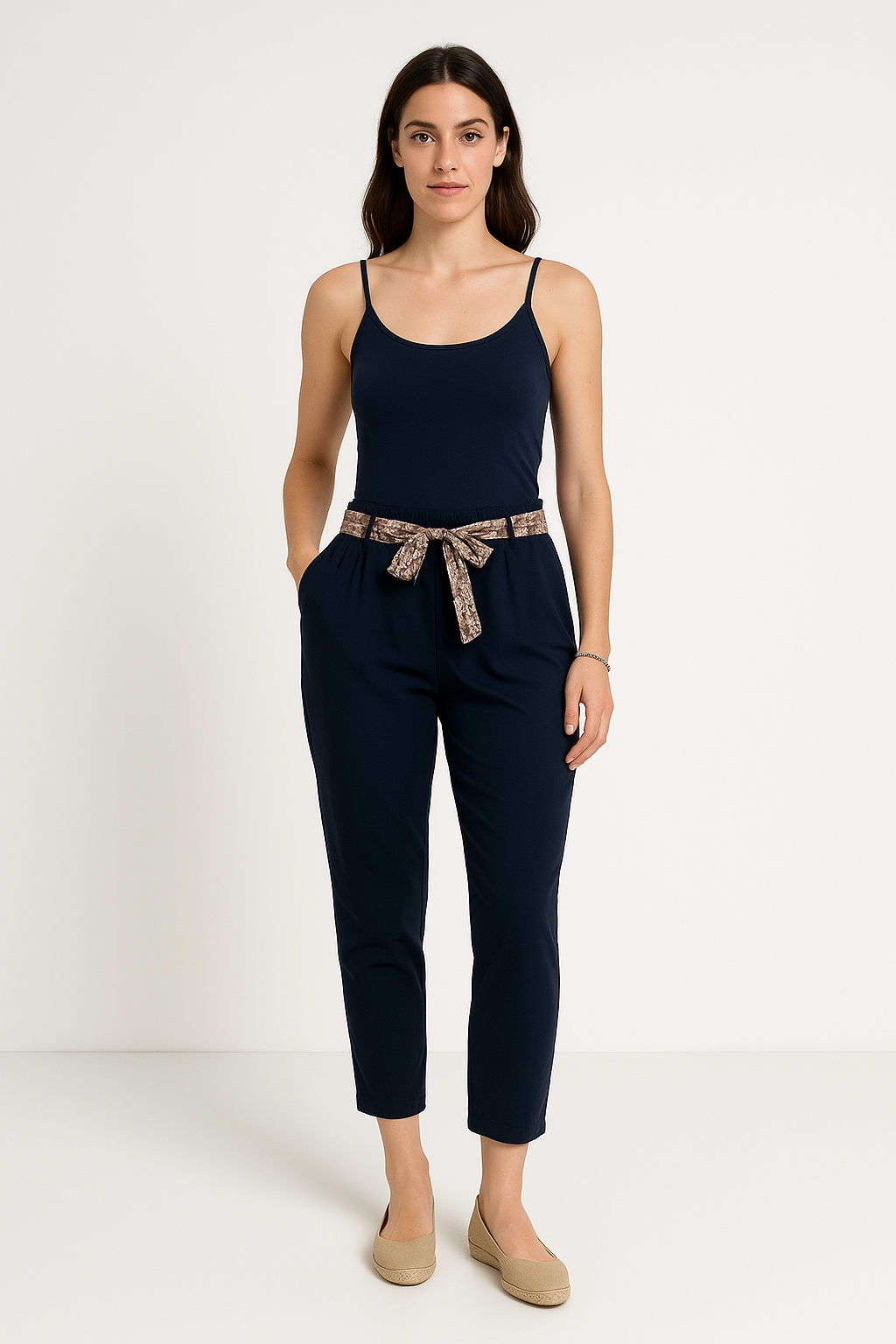 Elasticated waist high-waisted pants with relaxed, straight-leg fit