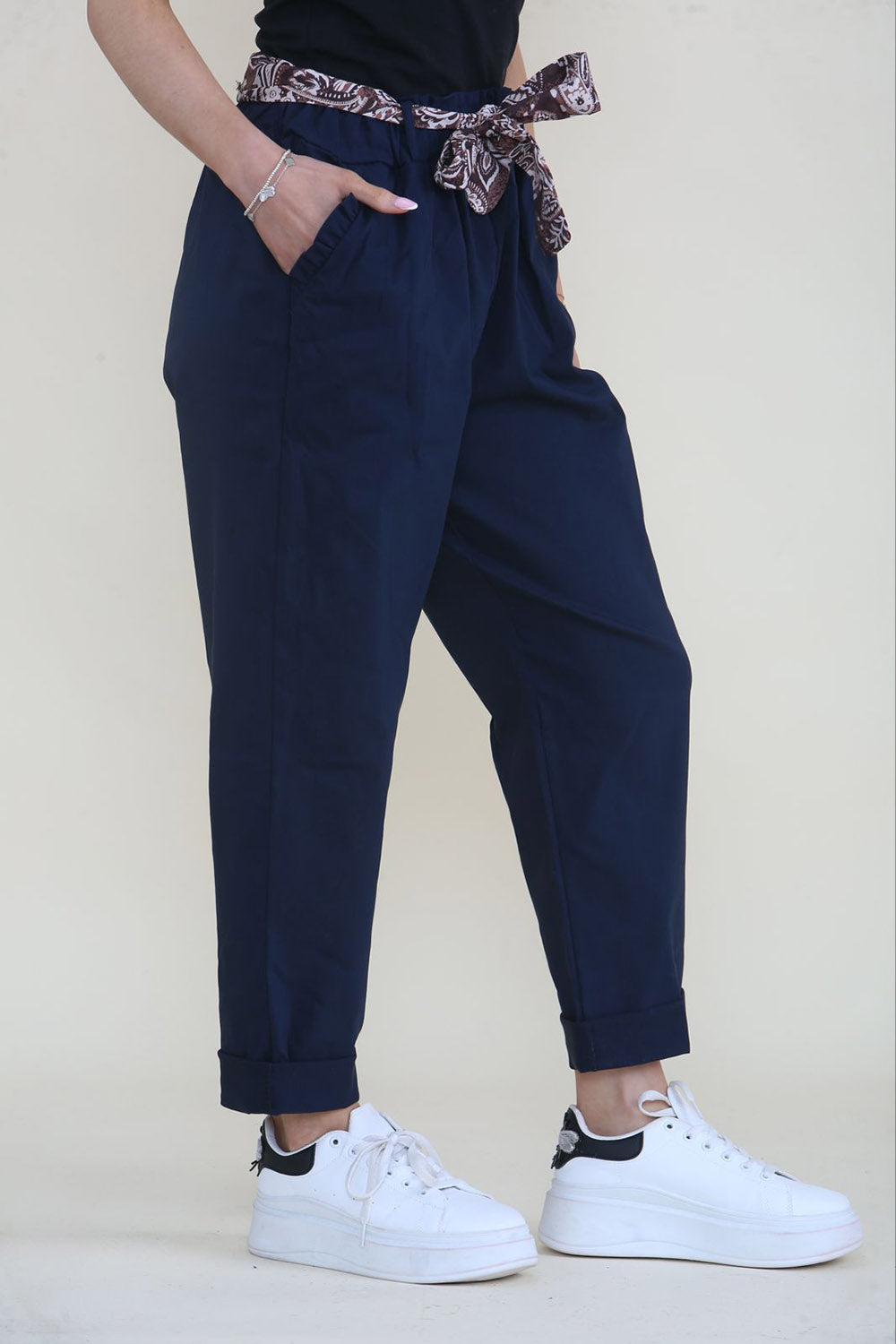 Elasticated Waist, Tie Front Detailed, Two Pocket Stretchy Trouser