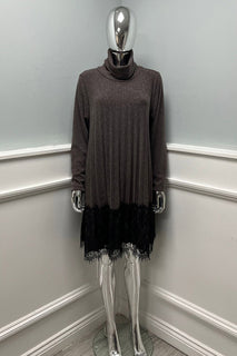 Roll neck , long sleeves Mid-thigh length dress with lace trim