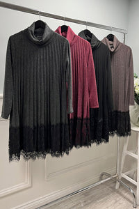 Roll neck , long sleeves Mid-thigh length dress with lace trim