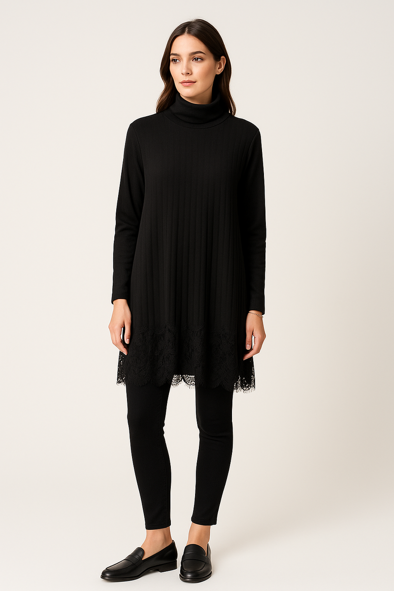 Roll neck , long sleeves Mid-thigh length dress with lace trim