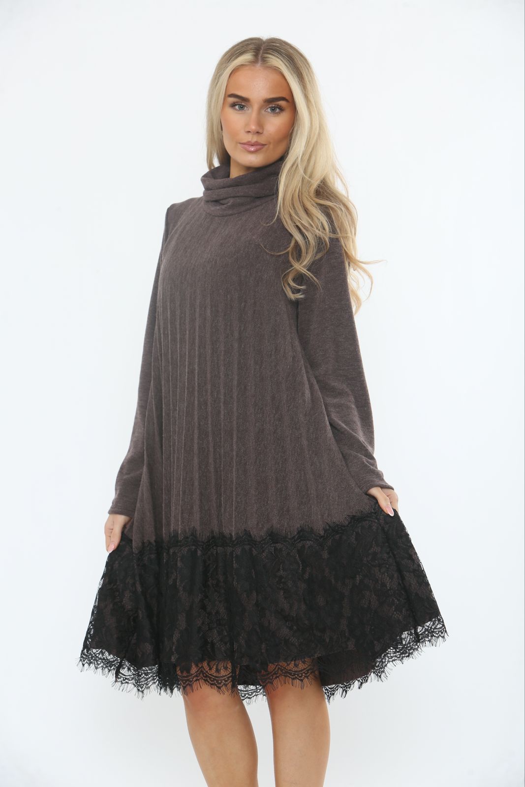 Roll Neck ,Pleated Lace Hem Detailed Dress