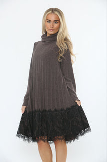 Roll Neck ,Pleated Lace Hem Detailed Dress