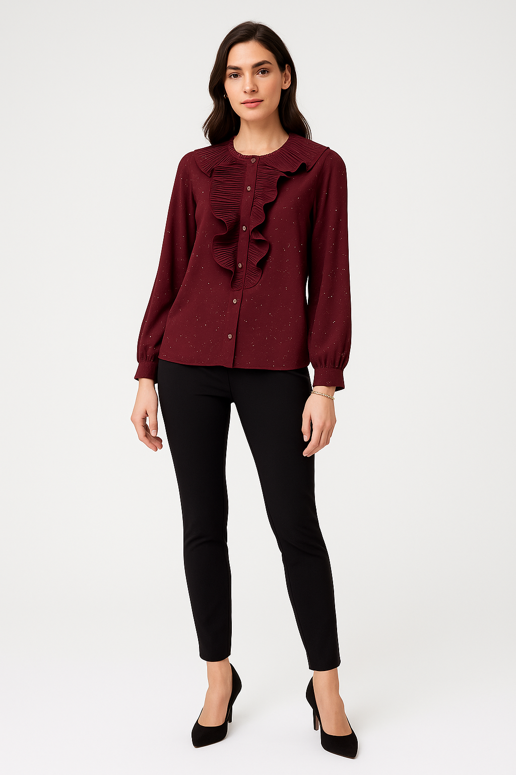 Long Sleeves , relaxed fit ruffled front top