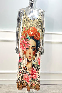 V Front & Back, Thin Strap Printed Lurex Dress