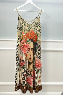 V Front & Back, Thin Strap Printed Lurex Dress