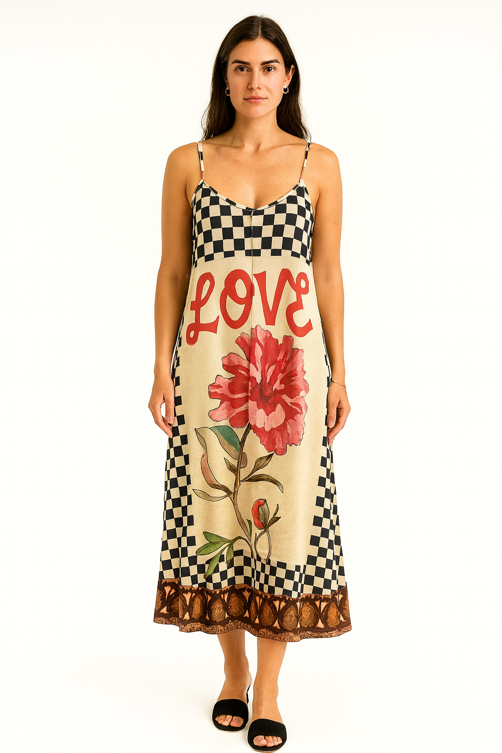 Floral Midi Sundress with a flowy midi length and adjustable spaghetti straps