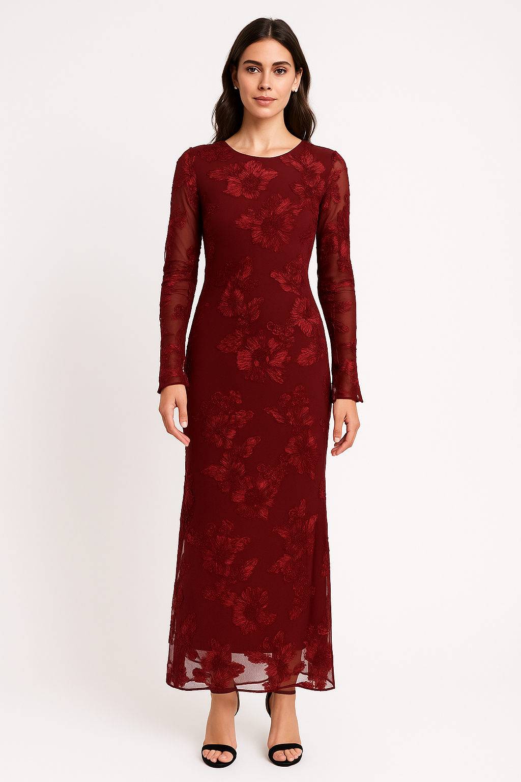 Long sleeves, Round neck sheer mesh dress