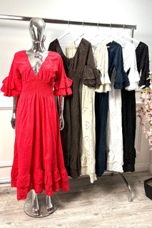 V-Neck, Elasticated Waist, Frill Sleeve & Hem, 100% Cotton, Embroidered Maxi Dress